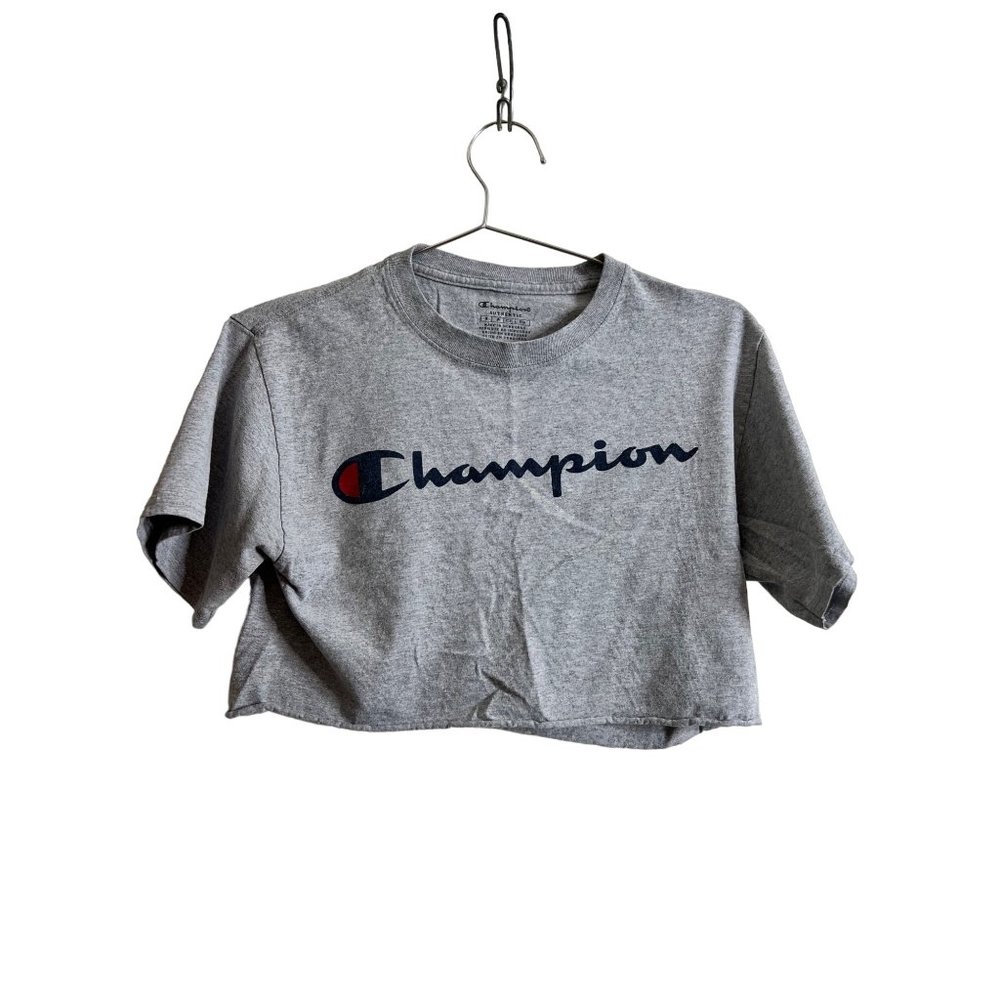 Champion Shirt Womens Small Gray Heathered Logo Crop Top Cut Off Crewneck Tee